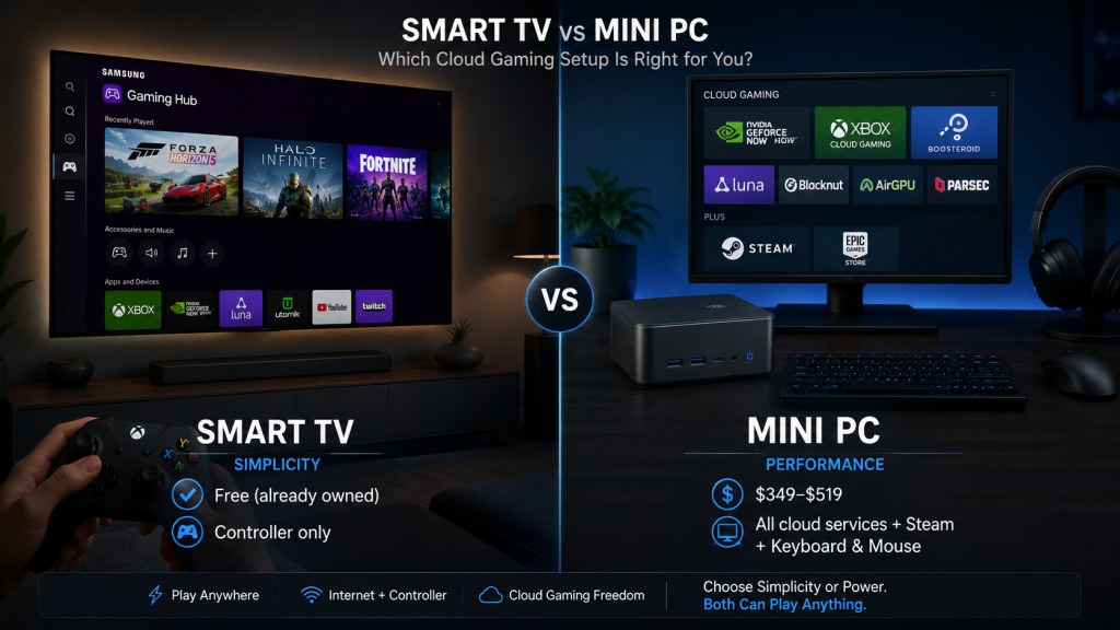 Smart TV vs Mini PC split-screen comparison for cloud gaming — simplicity versus performance, features labeled