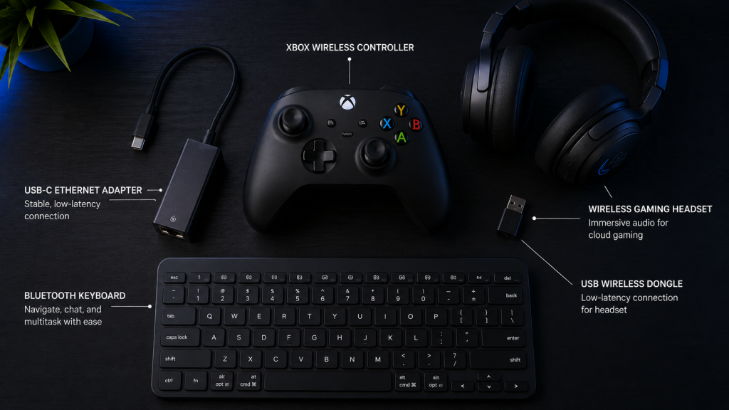 Cloud gaming accessories flat lay — Xbox Wireless Controller, Ethernet adapter, Bluetooth keyboard, wireless headset