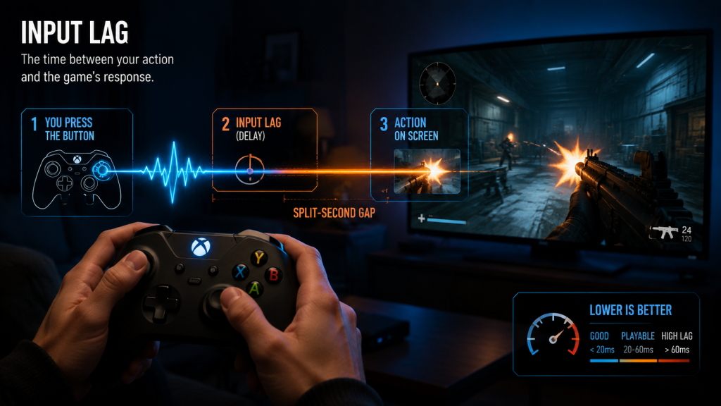 Cloud gaming input lag visualization — controller button press with delayed screen reaction, pulse wave showing split-second latency between input and display