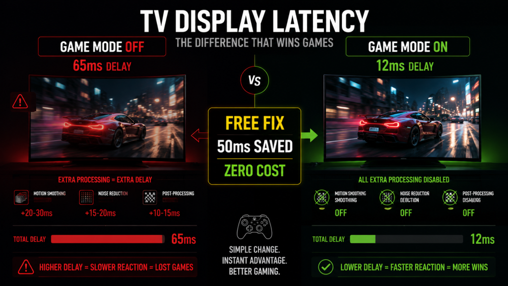 TV Game Mode ON vs OFF comparison infographic — 65ms display latency without Game Mode versus 12ms with Game Mode enabled, 50ms saved at zero cost