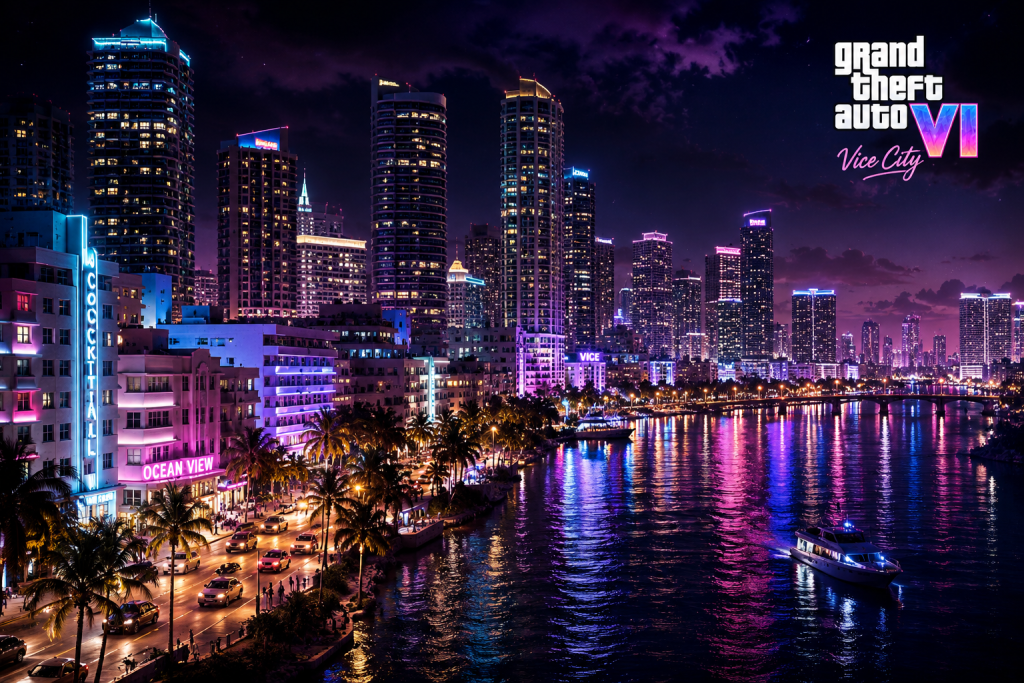 GTA 6 Vice City skyline at night — neon-lit Miami-inspired skyscrapers reflecting on the water, Ocean Drive art deco buildings, modern gaming render cinematic quality, palm trees, purple and blue neon color palette
