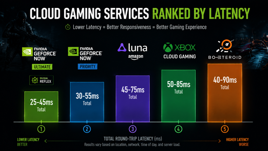 Cloud gaming services latency comparison chart — GeForce NOW Ultimate lowest at 25-45ms with Reflex, Boosteroid highest at 40-90ms, all five major services ranked