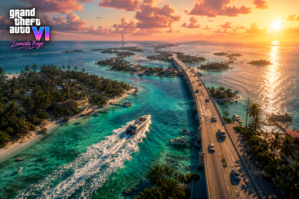 GTA 6 Leonida Keys tropical island chain — turquoise water, long bridge connecting small islands, speedboat leaving wake, beach houses, golden sunset lighting, video game cinematic style
