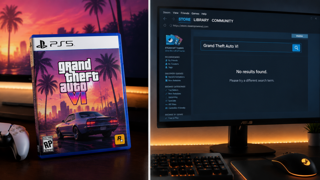 GTA 6 PC release not on Steam — PS5 case vs empty Steam search result comparison