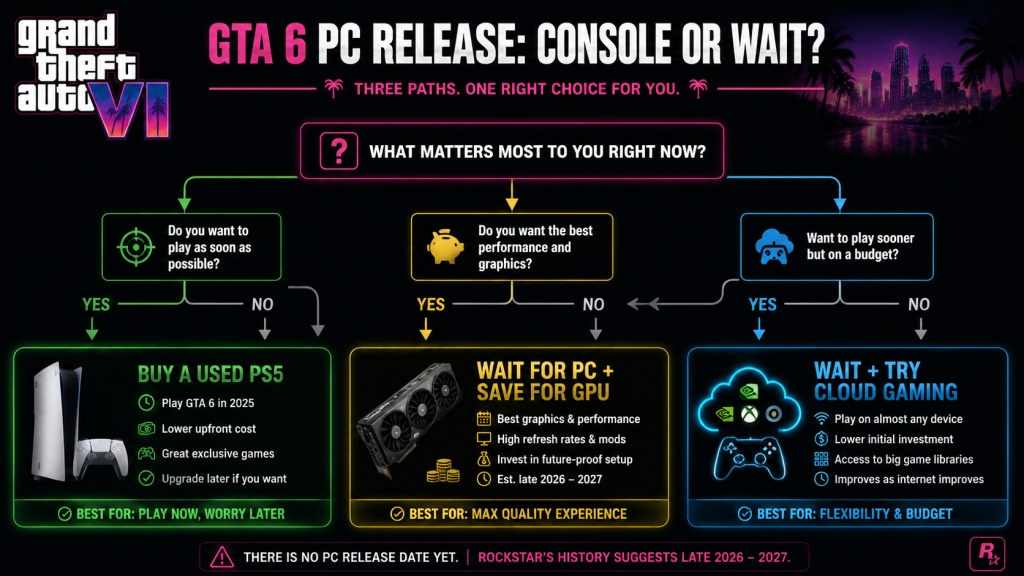 GTA 6 PC release decision flowchart — buy console vs wait for PC vs try cloud gaming