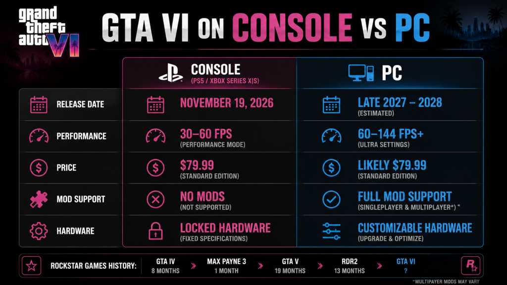 GTA 6 PC release vs console comparison table — release date, frame rate, mods, and hardware differences