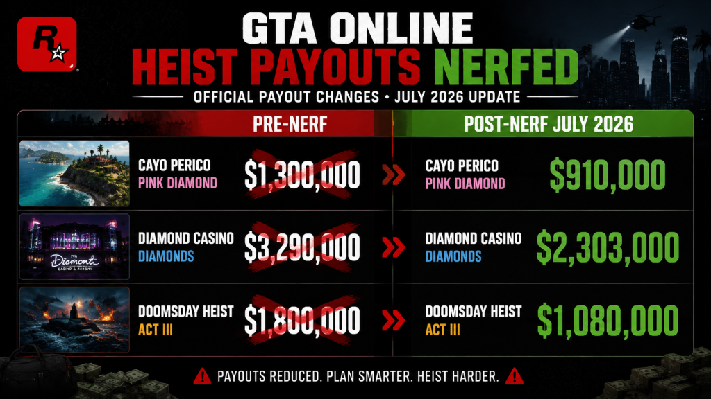 GTA Online heist payout nerf July 2026 before after comparison chart Cayo Perico Diamond Casino Doomsday new values