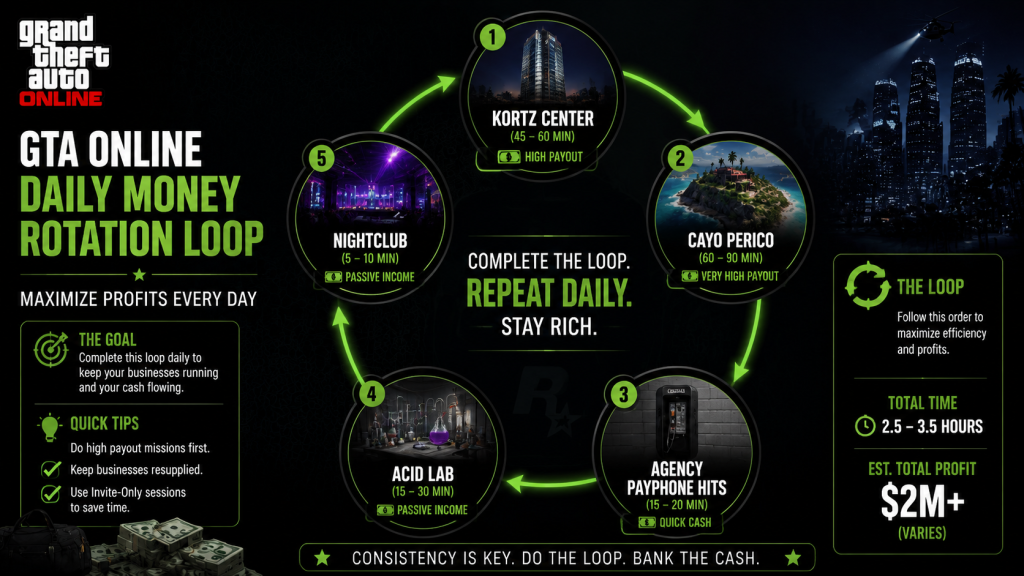 GTA Online daily money rotation flow diagram Kortz Center Cayo Perico Agency Acid Lab Nightclub loop July 2026