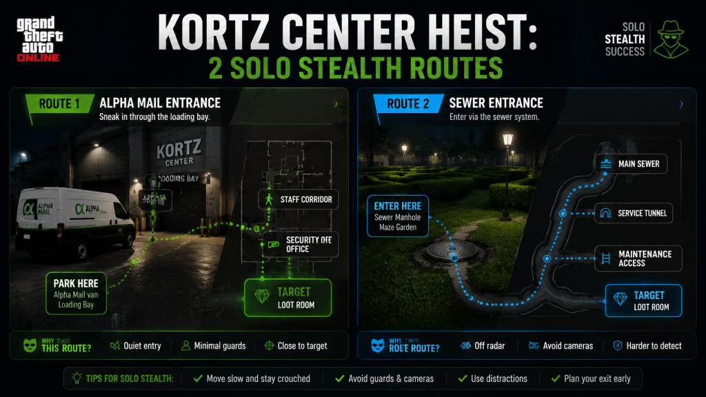 Two Kortz Center Heist solo stealth routes compared — Alpha Mail disguise via Loading Bay and Sewer entry via grass maze