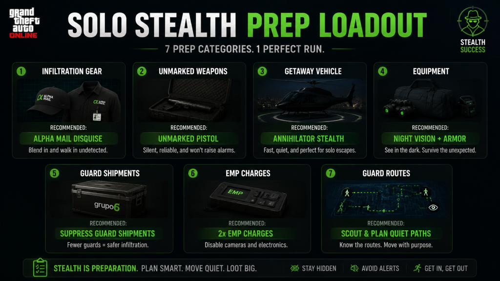 Kortz Center Heist prep mission checklist with recommended picks for solo stealth players