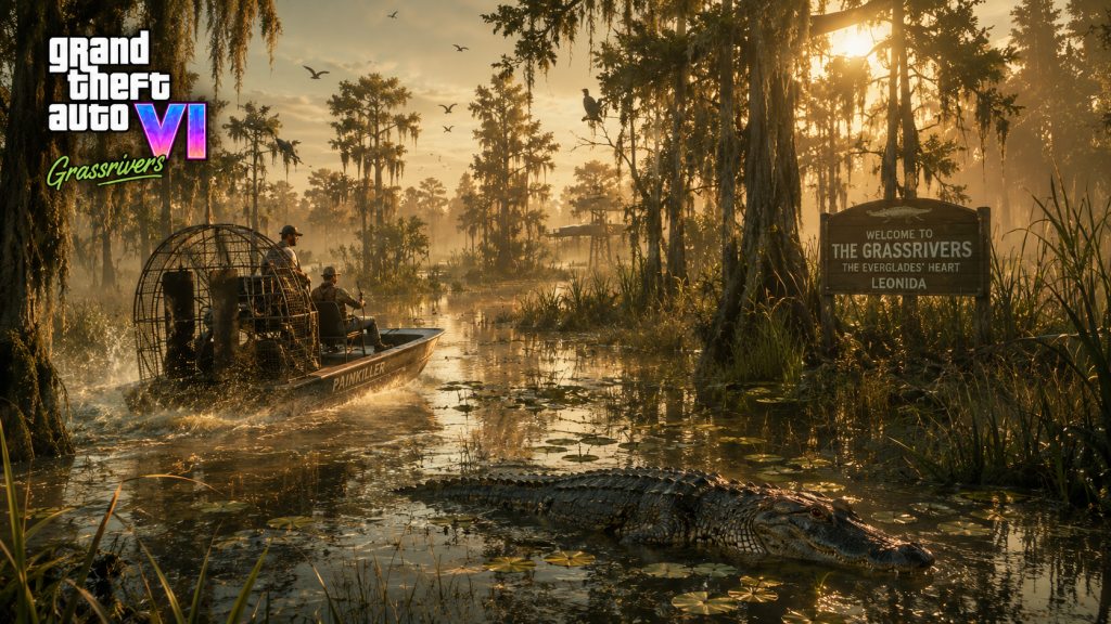 GTA 6 Grassrivers swamp Everglades — airboat cutting through shallow murky water, cypress trees with Spanish moss, alligator half-submerged, hazy golden hour light, atmospheric video game environment art