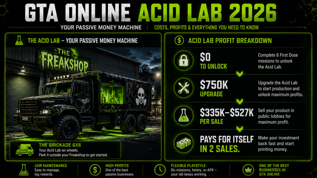 GTA Online Acid Lab Brickade 6x6 truck with green chemical lab equipment and profit breakdown showing zero cost to unlock and up to $527K per sale