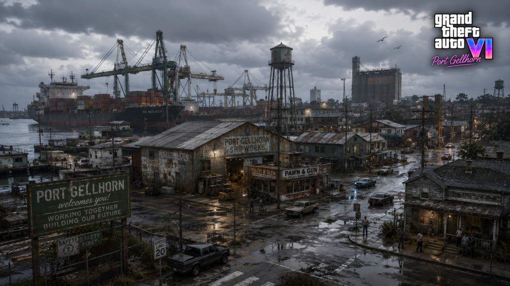 GTA 6 Port Gellhorn industrial port town — cargo ships at dock, rusted warehouses, working-class neighborhood with pickup trucks, overcast sky, gritty realistic aesthetic, video game open world environment