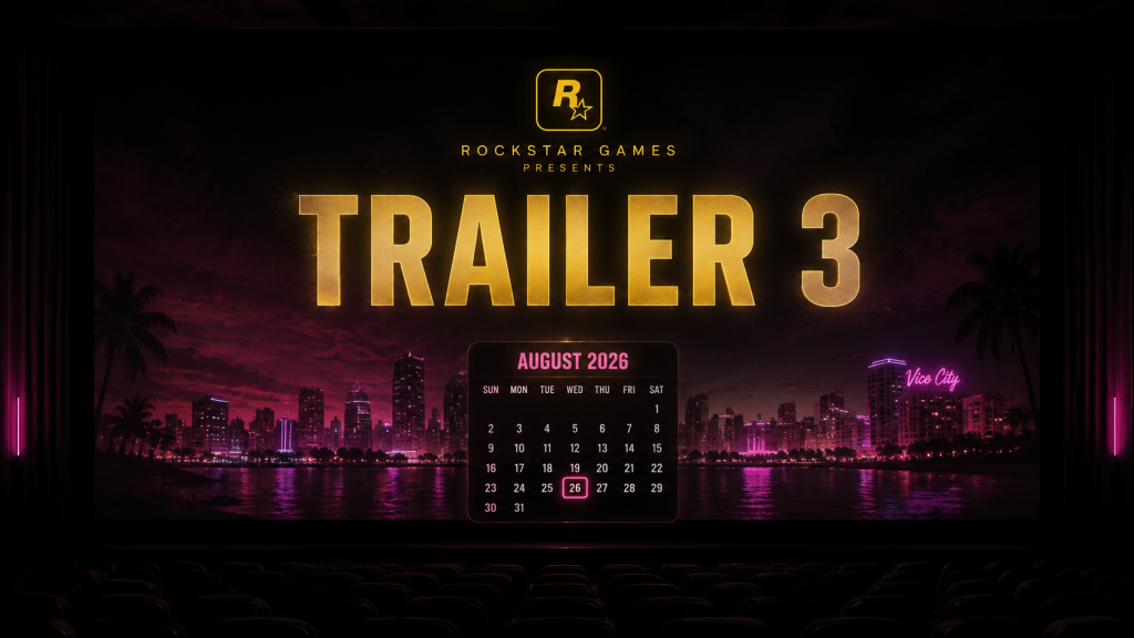 GTA 6 Trailer 3 anticipation visual: Rockstar Games logo glowing on a dark theater screen, "Trailer 3" text in gold, August 2026 calendar icon, Vice City neon skyline silhouette in background.