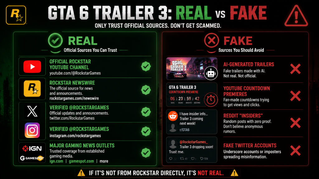 Fake Trailer 3 warning infographic: REAL sources on left with green checkmarks including official Rockstar YouTube and Newswire, FAKE sources on right with red X marks including AI-generated trailers, YouTube countdown premieres, Reddit insider posts, and fake social media screenshots.