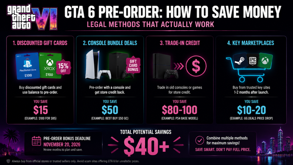GTA 6 pre-order savings methods comparison four icons gift card console bundle trade in key marketplace total savings $40 plus