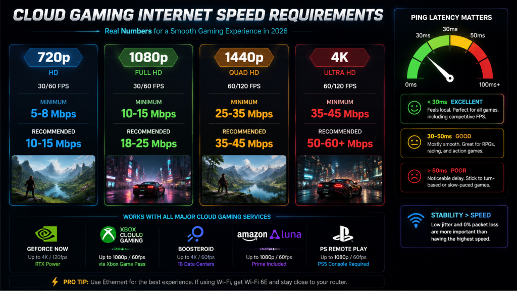 Cloud gaming internet speed requirements by resolution showing 720p 1080p 1440p and 4K bandwidth recommendations with ping latency levels