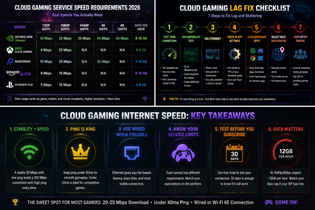 Cloud gaming ping latency comparison showing under 20ms 20-40ms 40-60ms and over 100ms gaming experiences
