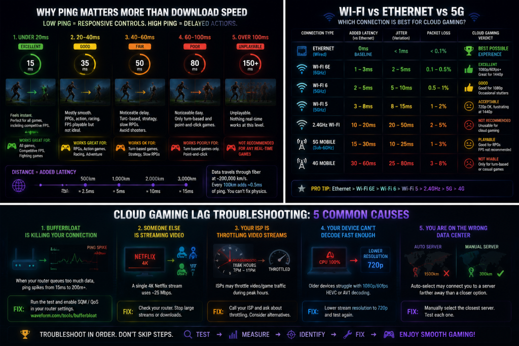 Ethernet vs Wi-Fi 6E vs Wi-Fi 6 vs Wi-Fi 5 vs 5G comparison for cloud gaming latency jitter and packet loss