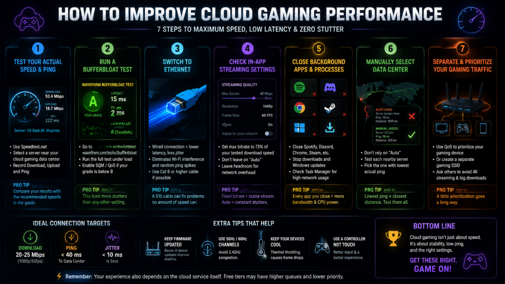 Cloud gaming lag troubleshooting checklist showing bufferbloat streaming traffic ISP throttling device limits and wrong data center issues