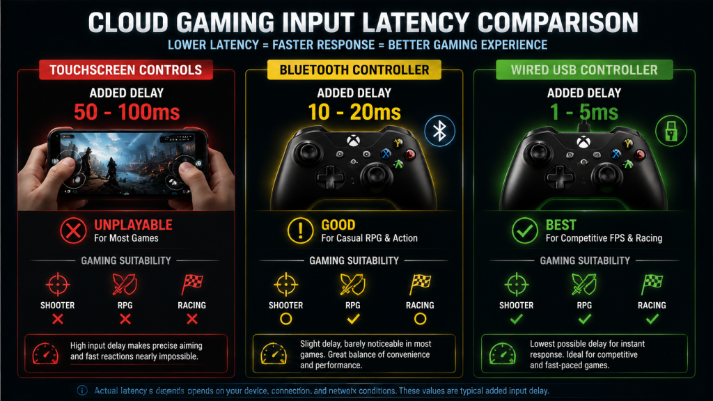 Cloud gaming controller latency comparison showing touchscreen Bluetooth and wired controller response times