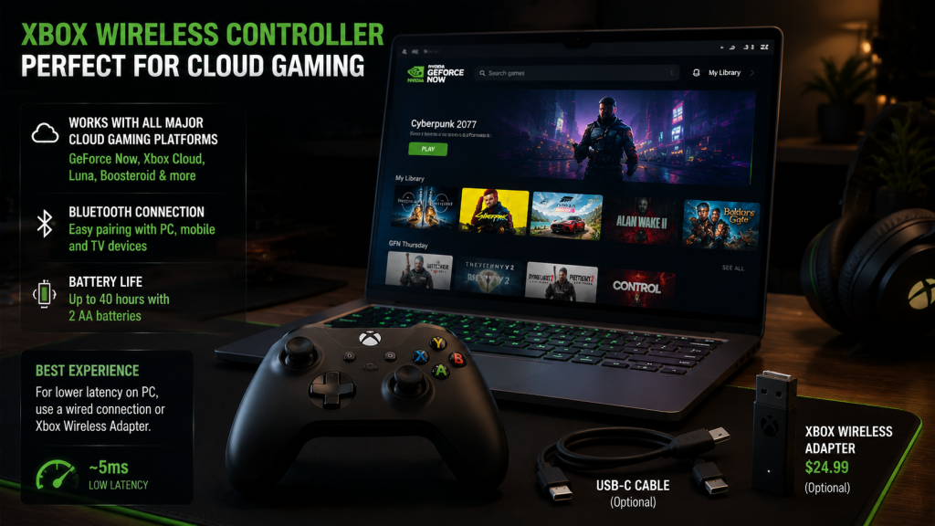 Xbox Wireless Controller connected to cloud gaming setup with laptop and streaming gameplay
