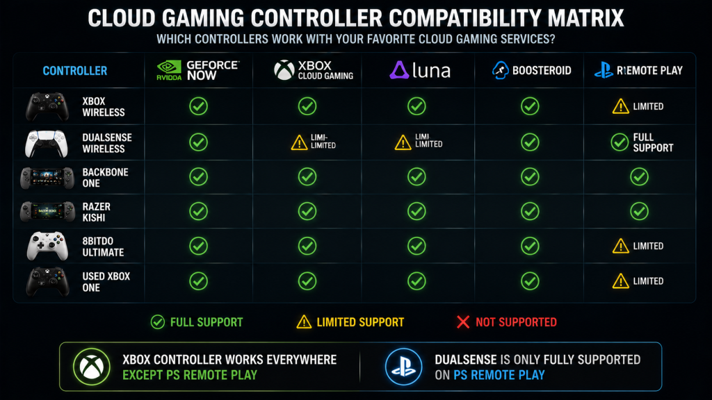 Cloud gaming controller compatibility chart showing Xbox PlayStation and mobile controllers support