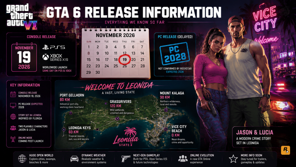 GTA 6 release info console date PC 2028 delay map locations characters
