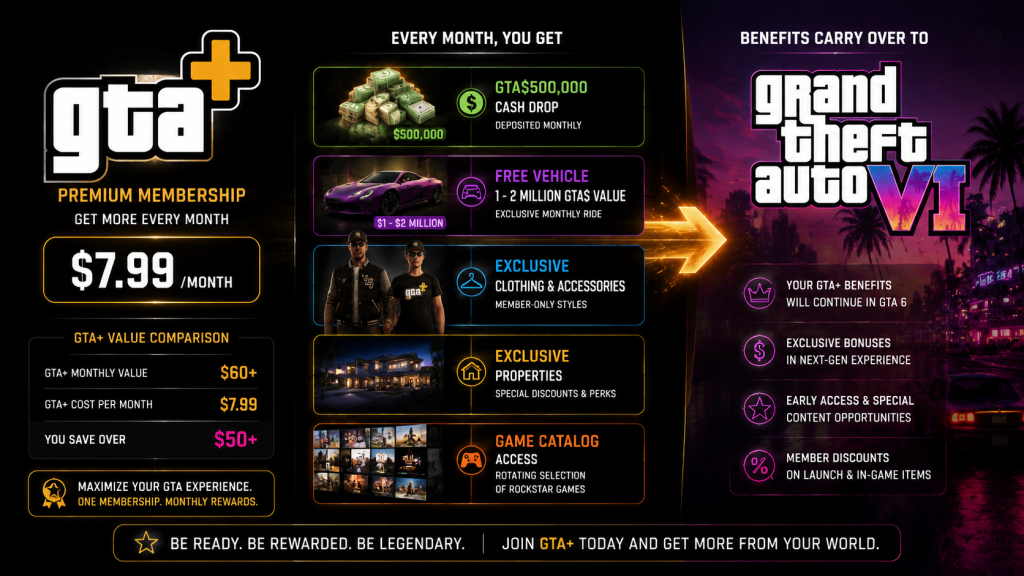 GTA Plus subscription 7.99 dollars per month benefits carry over to GTA 6
