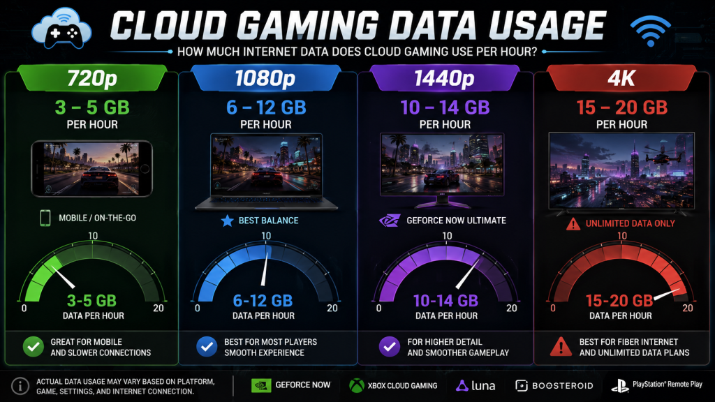 cloud gaming data usage 720p 3-5GB 1080p 6-12GB 1440p 10-14GB 4K 15-20GB per hour comparison