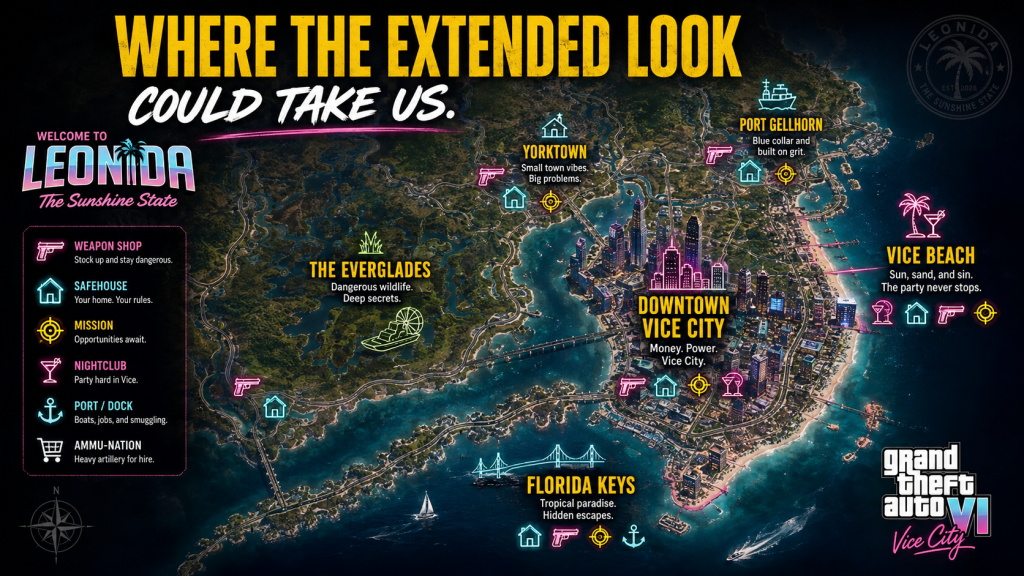 Leonida GTA 6 map showing Vice Beach downtown Everglades Keys and small towns with GTA style icons