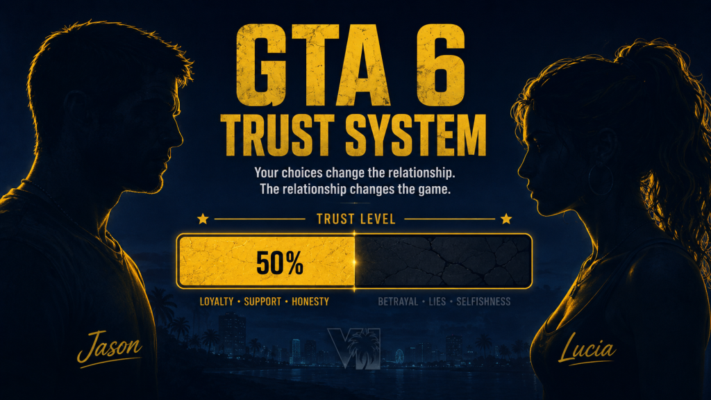 GTA 6 trust system meter between Jason and Lucia silhouettes showing relationship mechanic