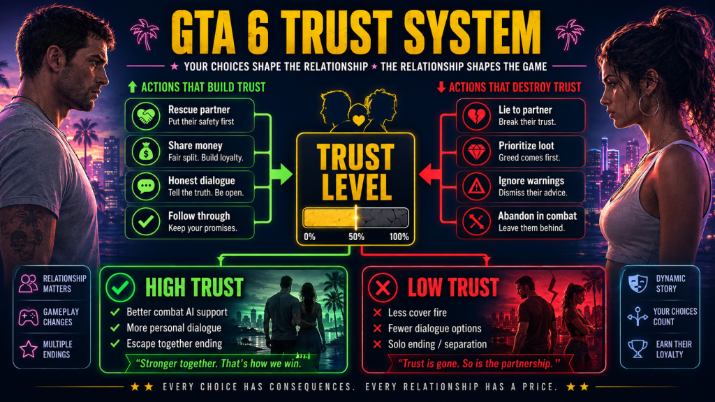 GTA 6 trust system flowchart showing actions that increase and decrease trust between Jason and Lucia with high and low trust outcomes