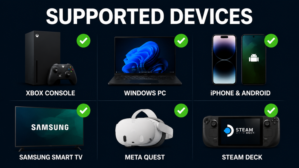 Xbox cloud gaming free tier supported devices console PC mobile TV VR Steam Deck