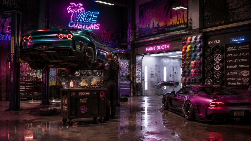 GTA 6 car customization garage with layer paint and performance upgrades
