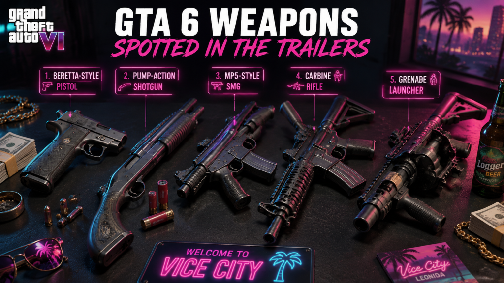 GTA 6 weapons spotted in the trailers, including pistols, shotguns, SMGs and rifles.