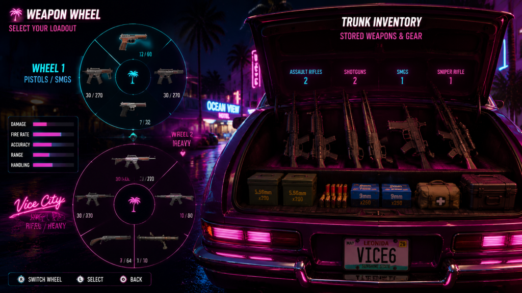 GTA 6 new weapon carry system with dual weapon wheel and car trunk inventory.
