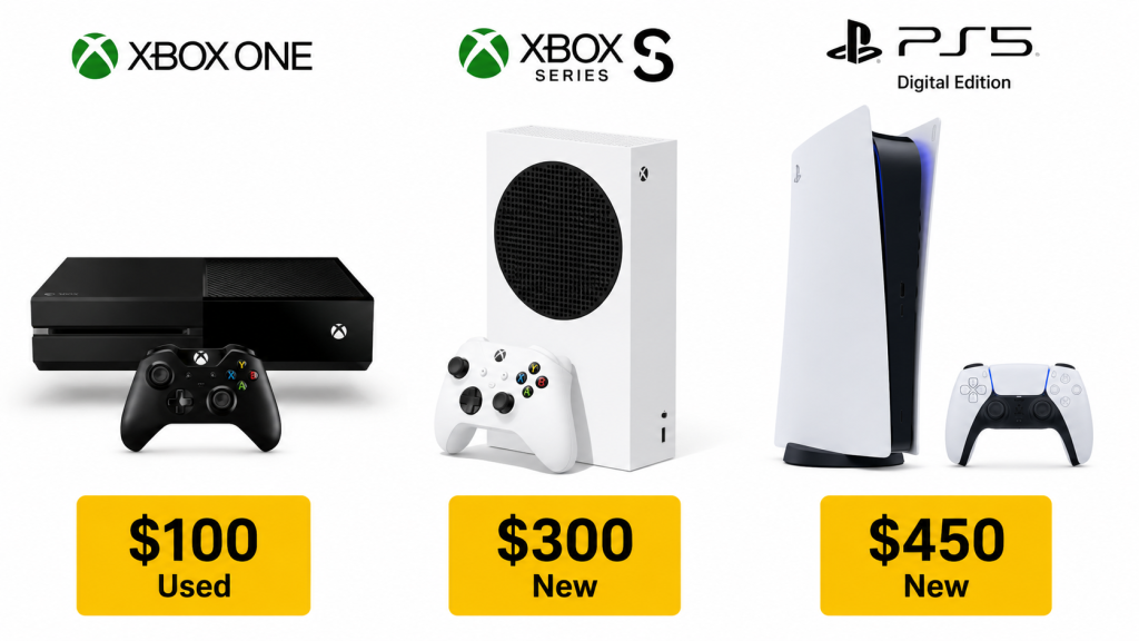 GTA 6 budget setups Xbox One $100 Xbox Series S $300 PS5 Digital $450 cheapest hardware comparison