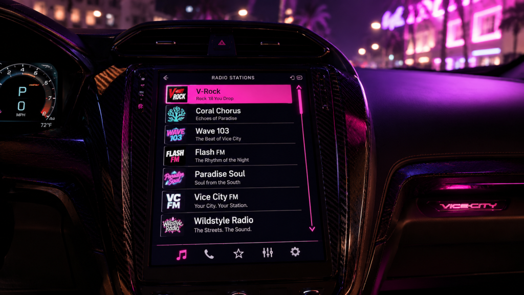 GTA 6 car radio display showing V-Rock and Coral Chorus radio stations