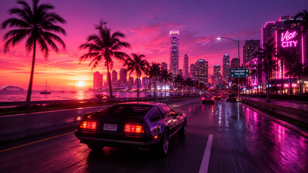 GTA 6 style 1980s sports car driving down a neon Vice City highway at sunset