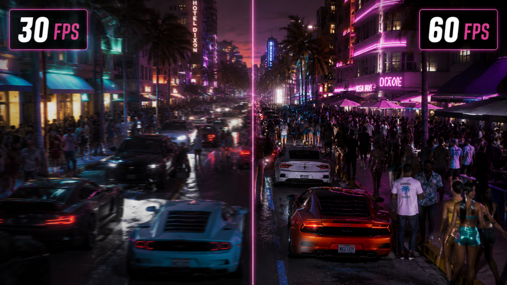 GTA 6 dense city street 30 FPS vs 60 FPS frame rate comparison