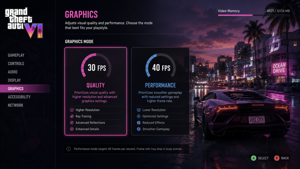 GTA 6 quality 30 FPS vs performance 40 FPS mode selection menu