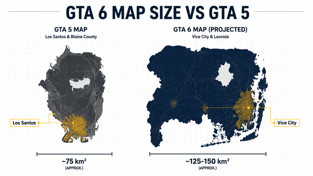 GTA 6 map size comparison vs GTA 5 Los Santos Vice City Leonida square kilometers diagram