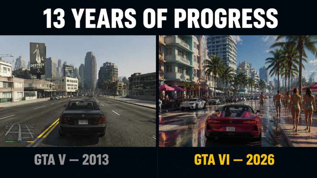 GTA 6 vs GTA 5 graphics comparison 2013 PS3 vs 2026 PS5 13 years of progress side by side