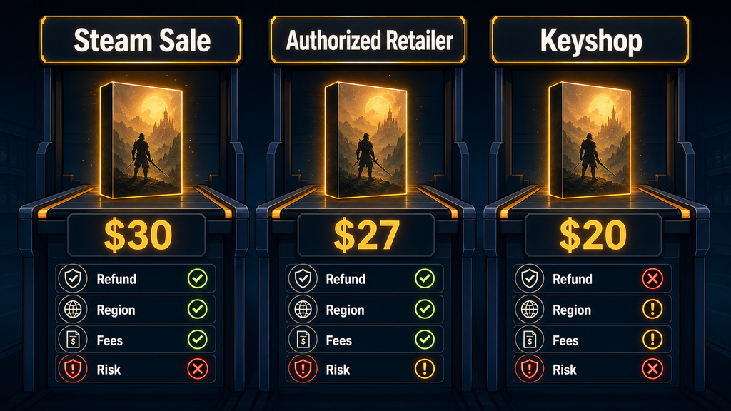 Steam Sale vs key sites comparison showing price, refund, region, fees, and risk.