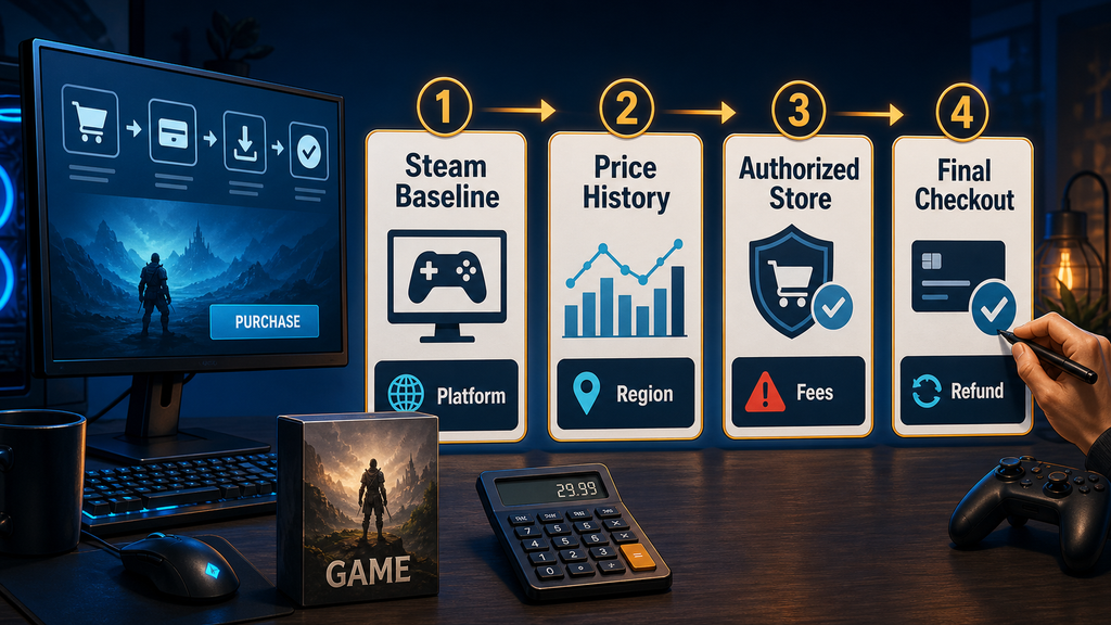 Four-step checklist for comparing game deals: Steam baseline, price history, authorized store, and final checkout.