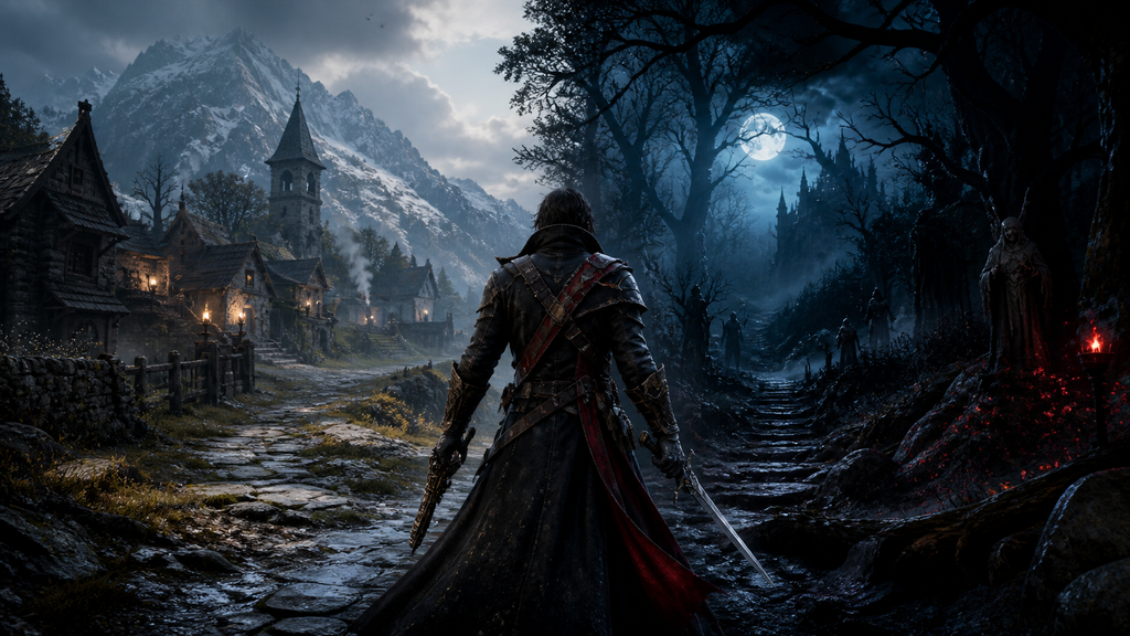 Dawnwalker beginner guide editorial illustration of a vampire hunter standing between a medieval village and a moonlit forest