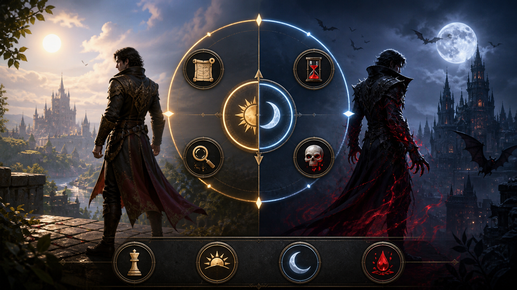 Dawnwalker beginner guide planning chart showing Coen's human and vampire forms across day and night